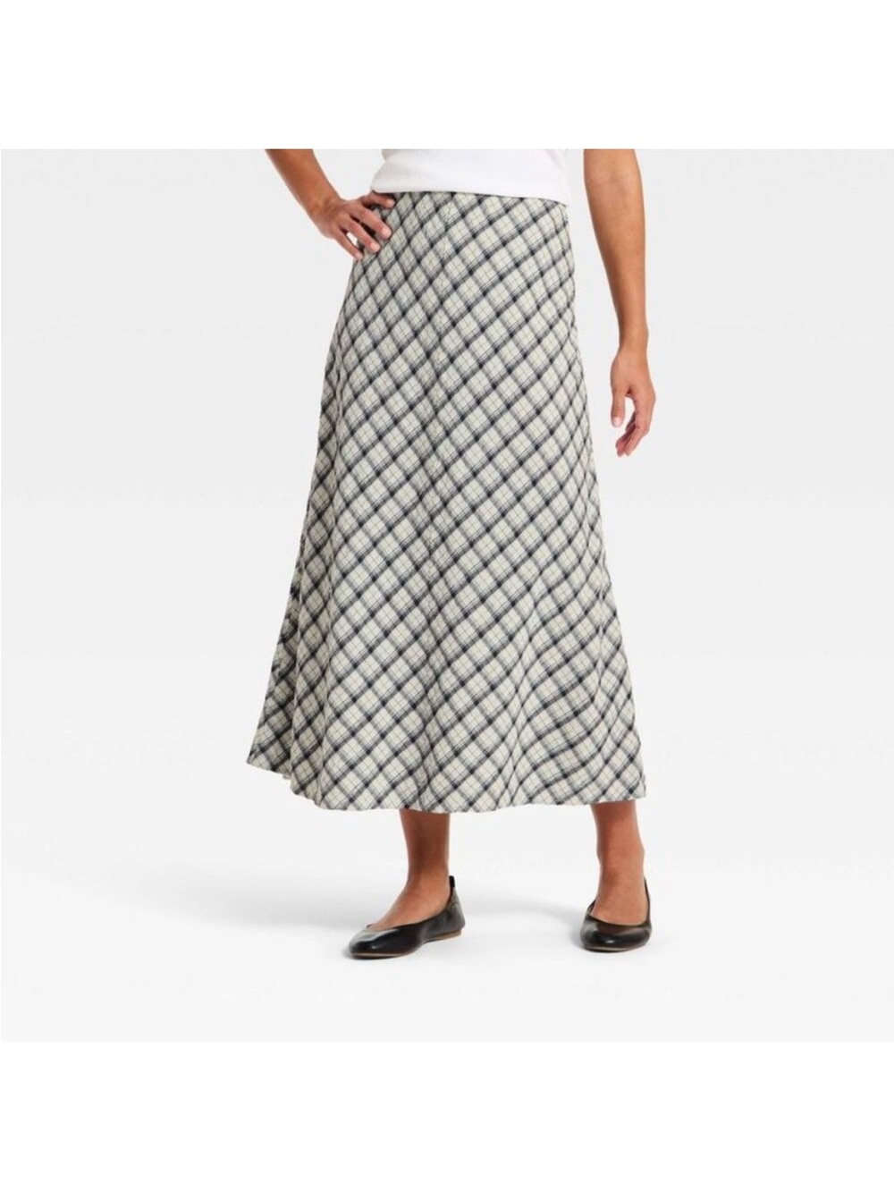 Universal Thread Cream and Black Plaid Midi Skirt